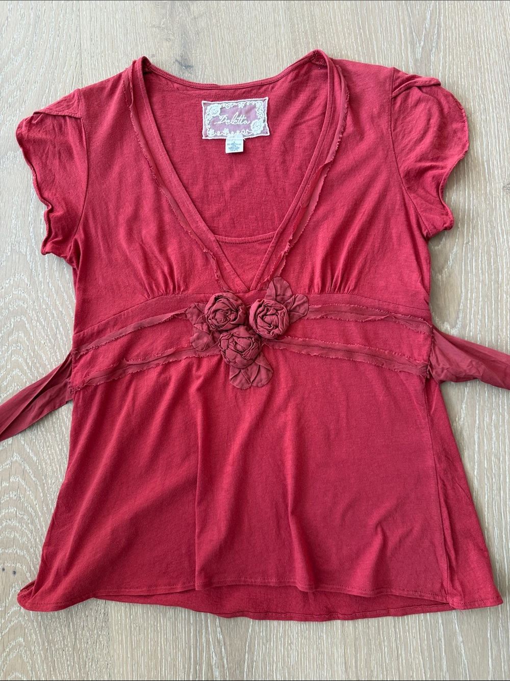 Deletta Red V-Neck Tunic with Rosette Detail